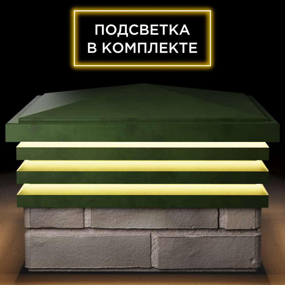 Колпак Zking Бона ХайТек Зеленый на столб 1.5х1.5 кирпича (385х385мм) с подсветкой Слободской фото